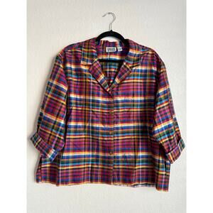 Vintage Chico’s Design 100% Silk Shirt Size 13 Rainbow Plaid India Boxy Oversize